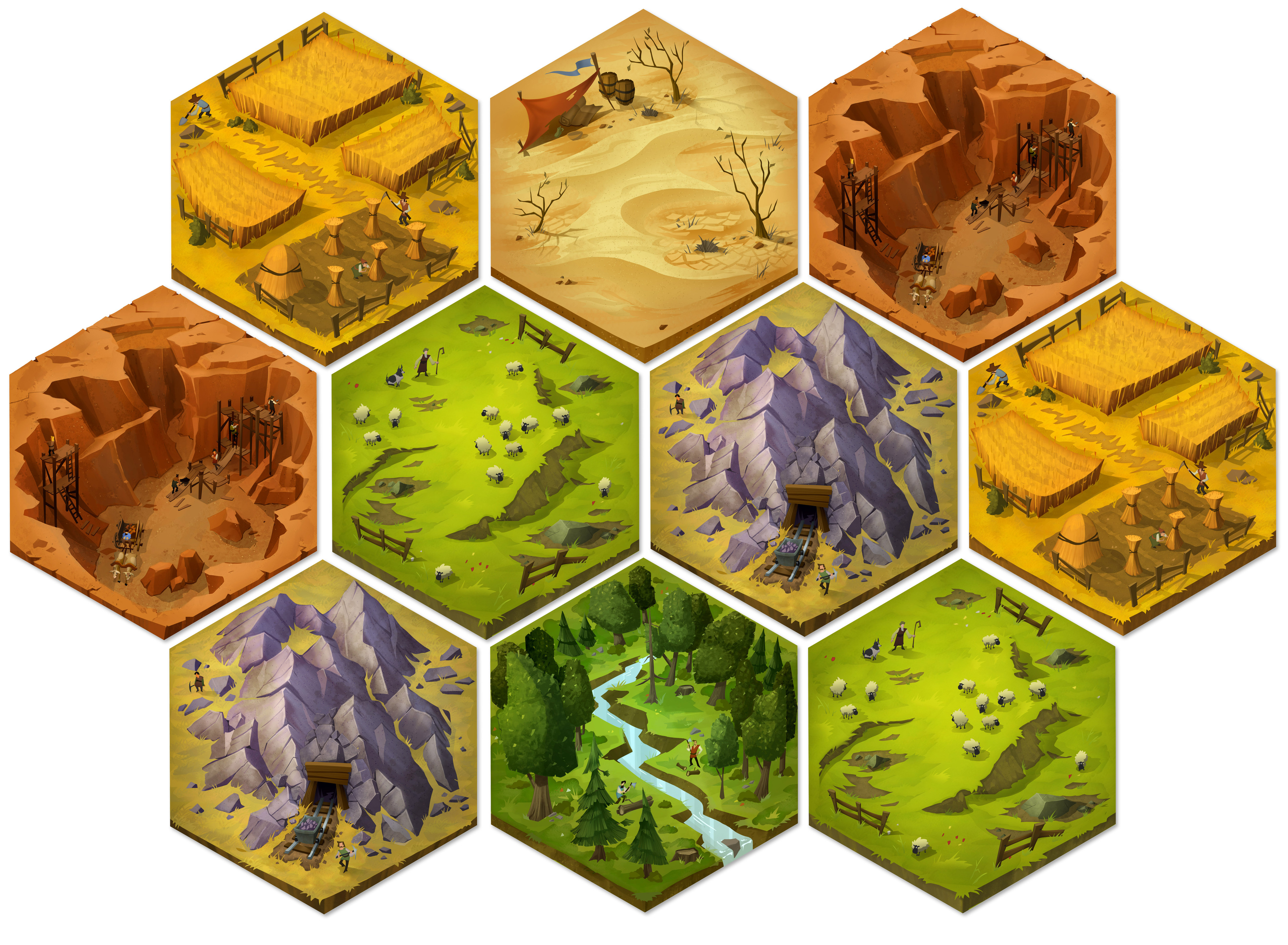 Here are the Resource Hexes. I wanted to give them as much dimension as I could.