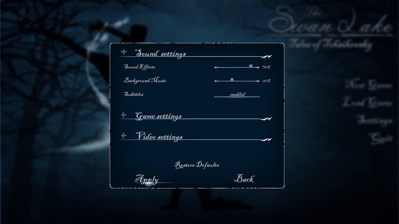 Settings menu mockup