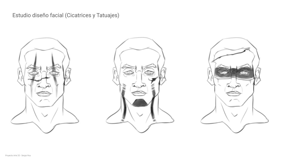 Facial concept design, playing with the idea of tattoos and scars