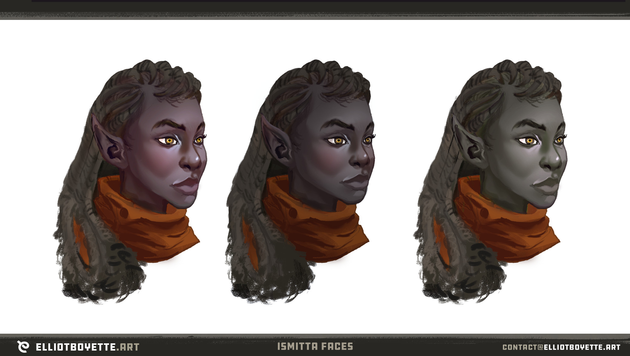 From the notes/board I took some attempts to get the right dark elf tone and other 