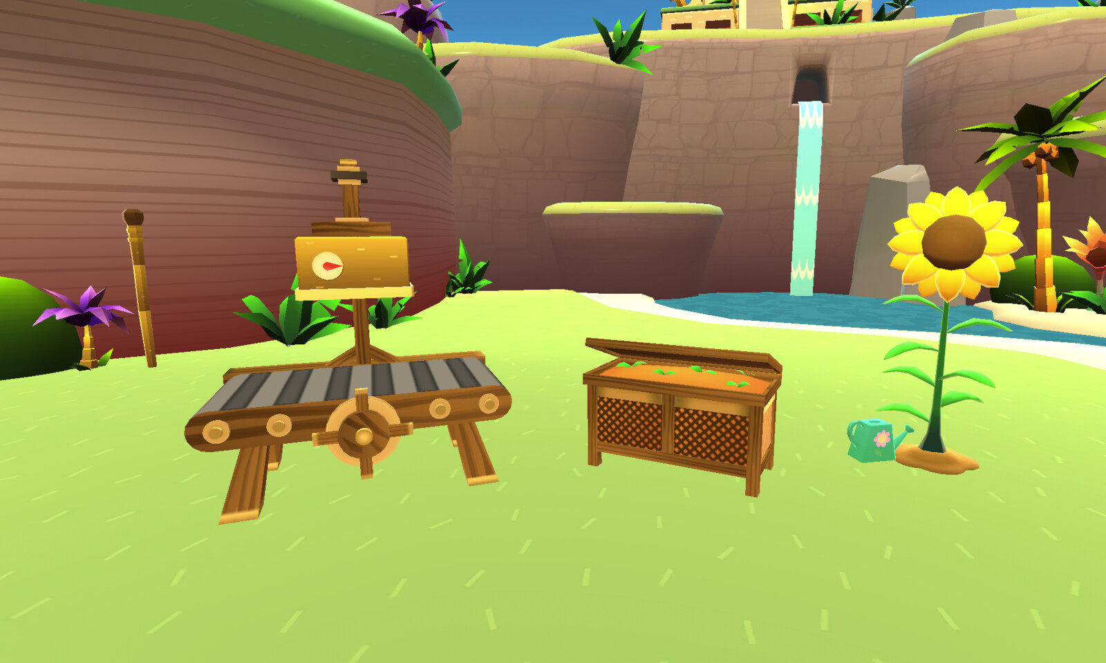 Props for the MathTango Island from right to left: Recycling machine, compost bin, and sunflower.