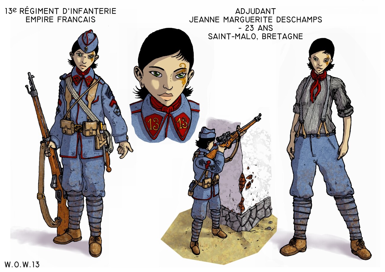 Jeanne Deschamps, the main character, a steampunk Jeanne D'Arc expy.
She was born in Saint-Malo, in Britanny, in 1881, and at the time of the first episode she's a section chief in the 13th Infantry Regiment of the French Empire with a rank of "adjudant" 
