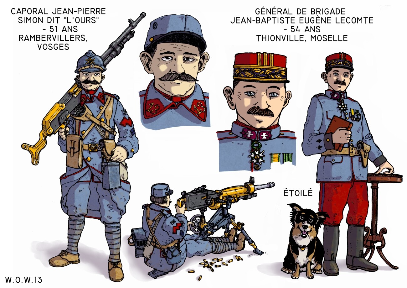 Corporal Jean-Pierre Simon, "The Bear", originally a lumberjack who acts as the section's chief machine gunner and Brigadier General Jean-Baptiste Eugene Lecomte, former commander of the 13th Infantry Regiment of the French Empire.
