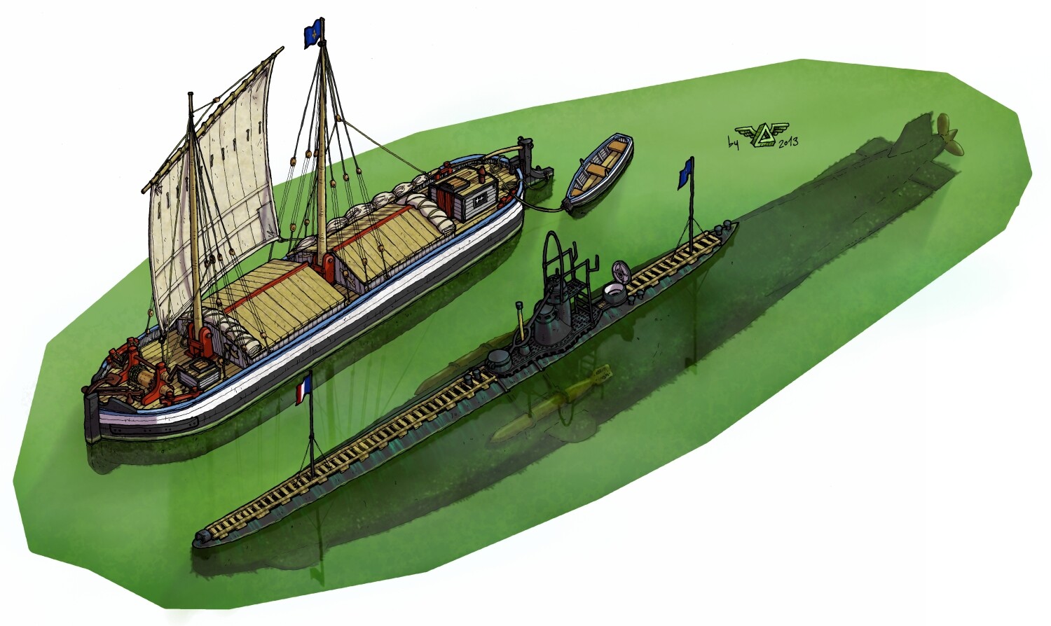 A reference drawing of French submarine Gustave Zédé and canal boat Belle Lurette.
