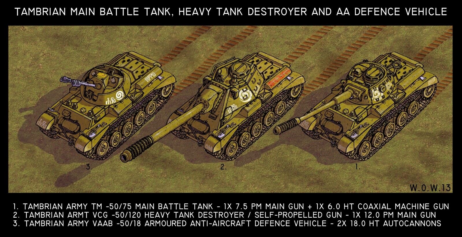 Tambrian heavy tanks, several variations on the same chassis - main battle tank, turret-less tank hunter and anti-aircraft vehicle. 