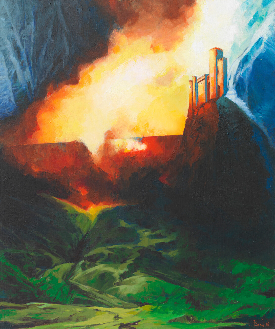 Fortress on fire - Acrylic on board.