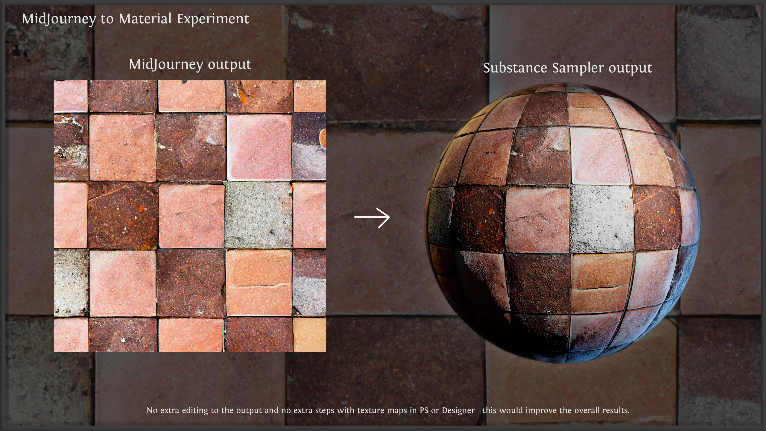 Midjourney output to Material experiment, created in minutes with Substance Sampler - Could be pushed a lot further with time. (Image prompt - square on picture of terracotta tiles)