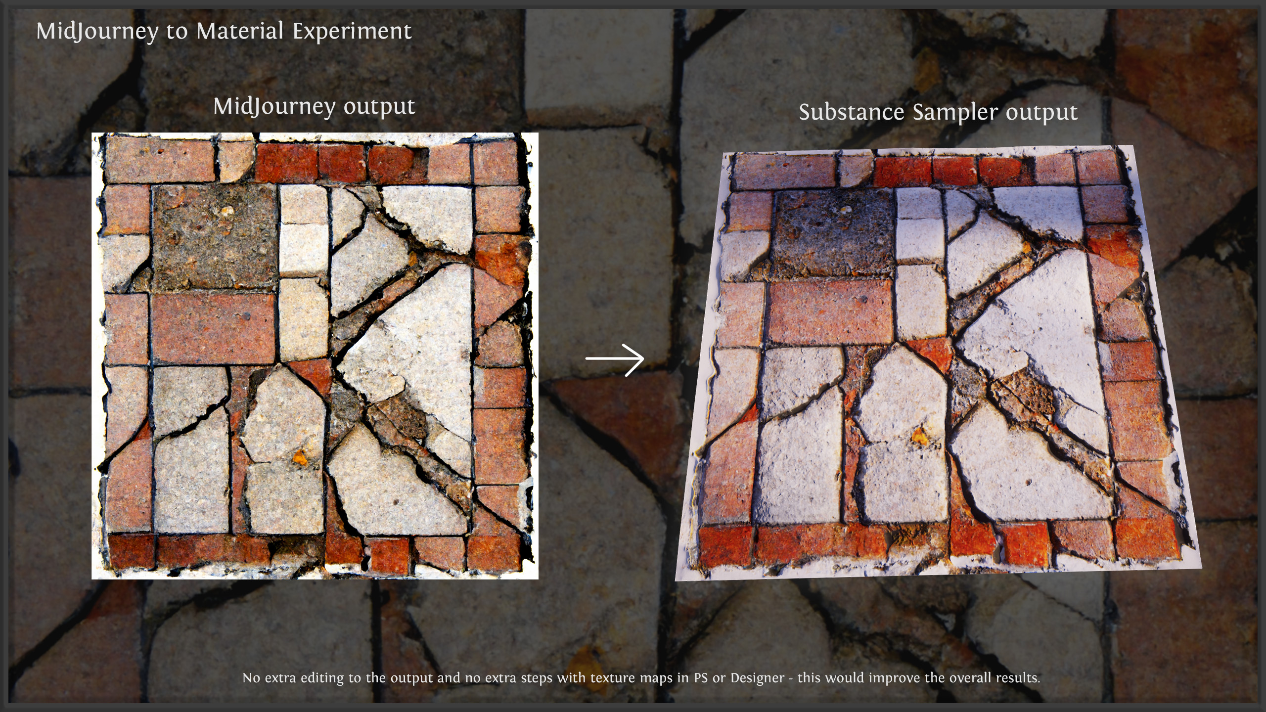 Midjourney output to Material experiment, created in minutes with Substance Sampler - Could be pushed a lot further with time. (Image Prompt - picture of some brick damage)