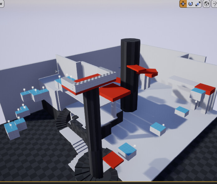 I started with a quick blockout to show my thought process and vision for the area. The layout and placements of everything are the exact same places were the real assets are located in the final build.