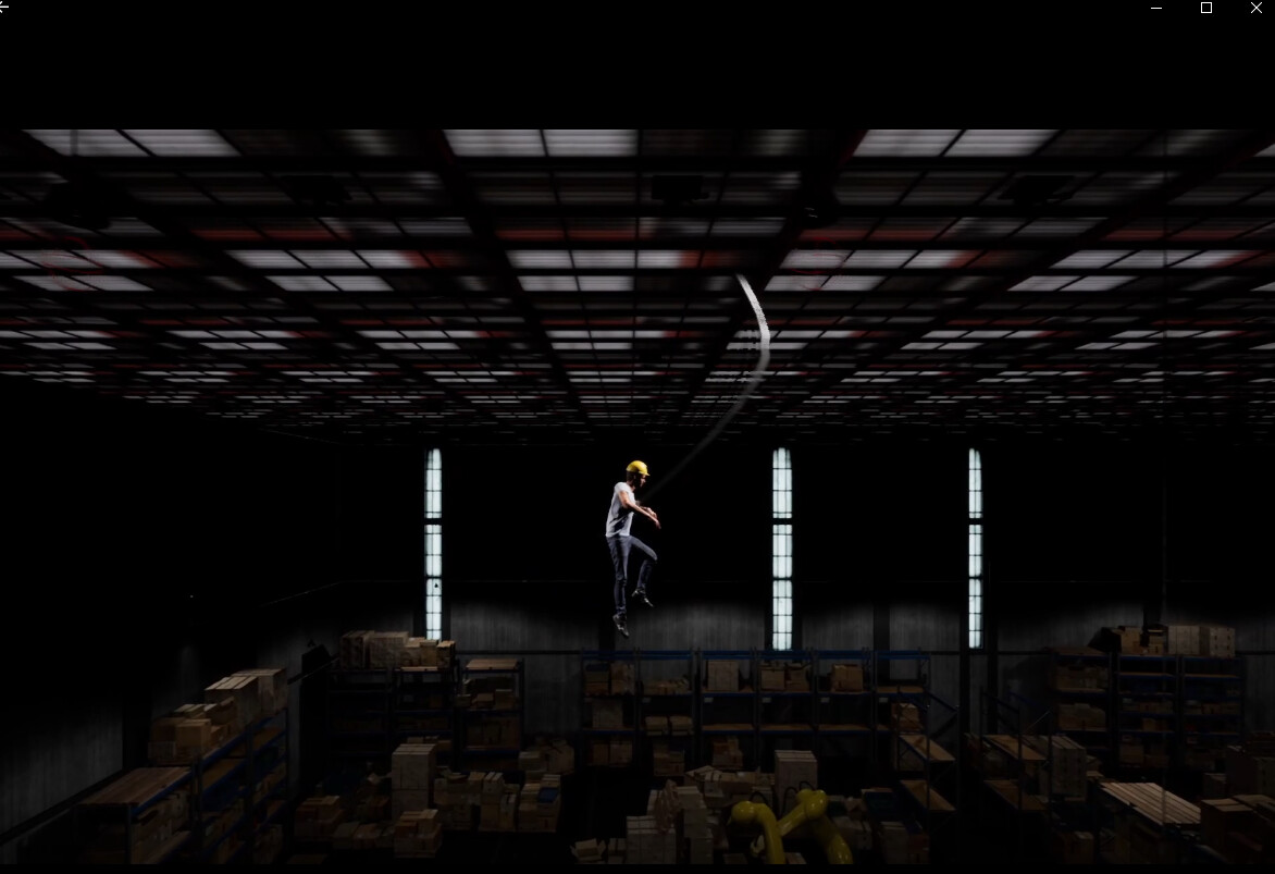 Grapple swinging to the end of the level above all the boxes and shelves.