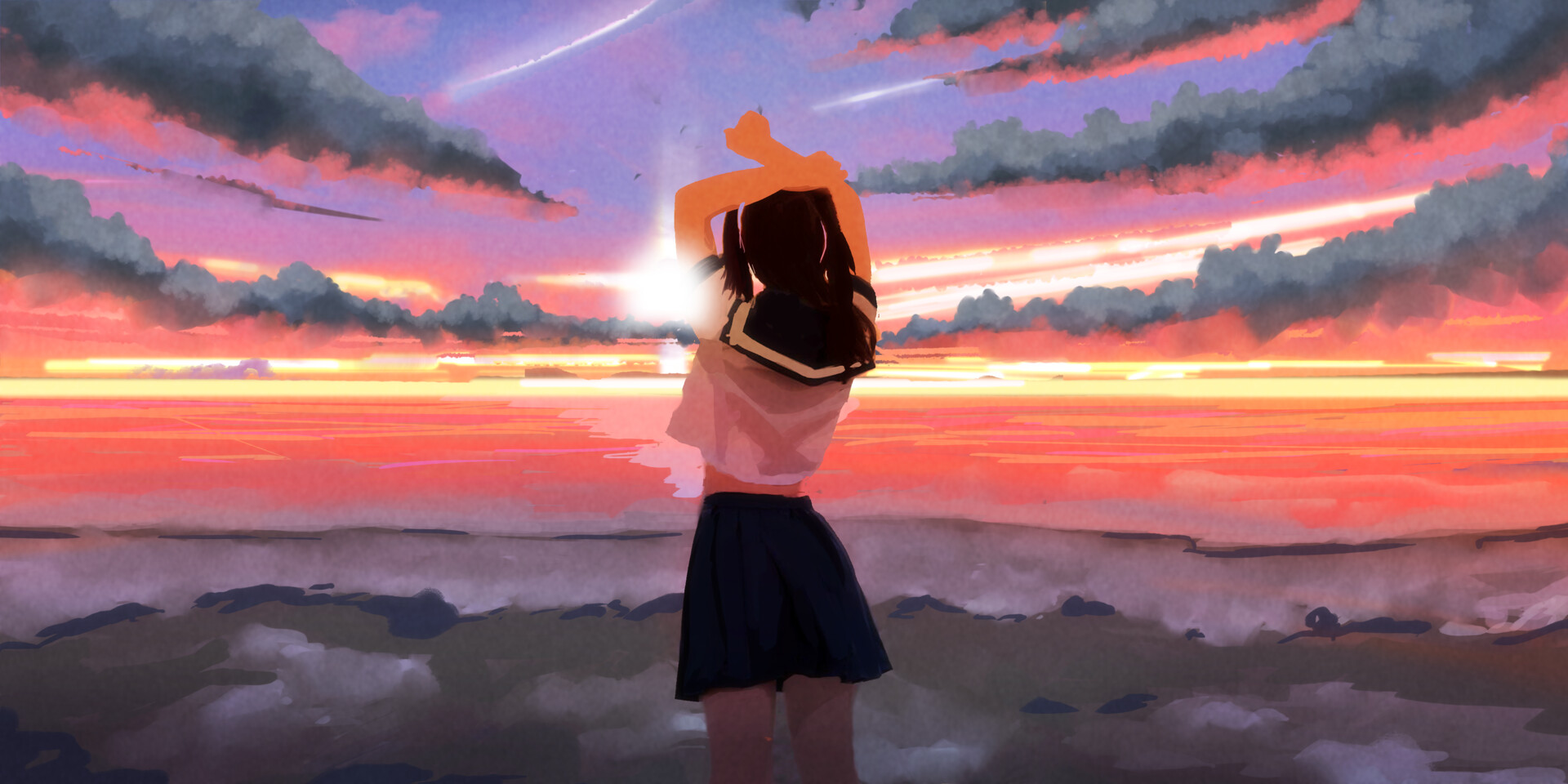 Anime Girl With Cat Looking Towards Sunset Live Wallpaper - WallpaperWaifu