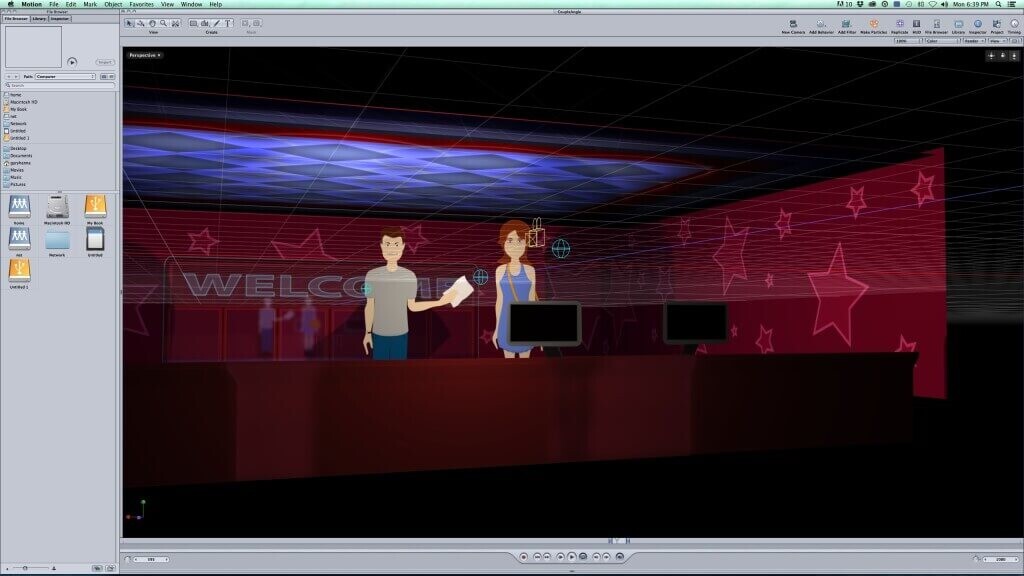 Animating the lobby scene in Apple Motion. Shot / Reverse shot in one simulated room with two virtual cameras.