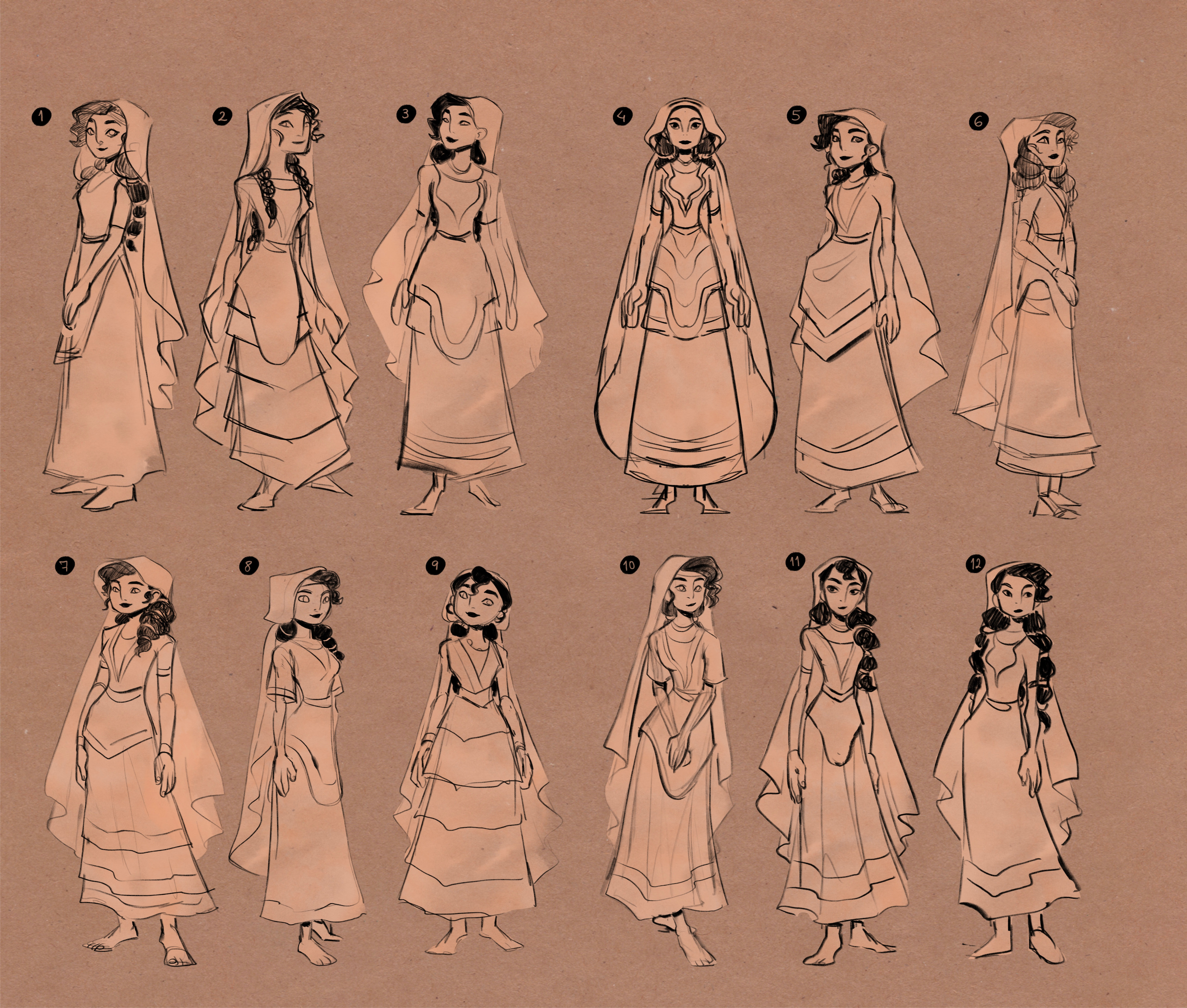 Ariadne character exploration, trying different kinds of silhouettes with Minoan dresses. Felt I could have gone further but at this point we realized she wasn’t gonna show up that much so I had to focus on other things.