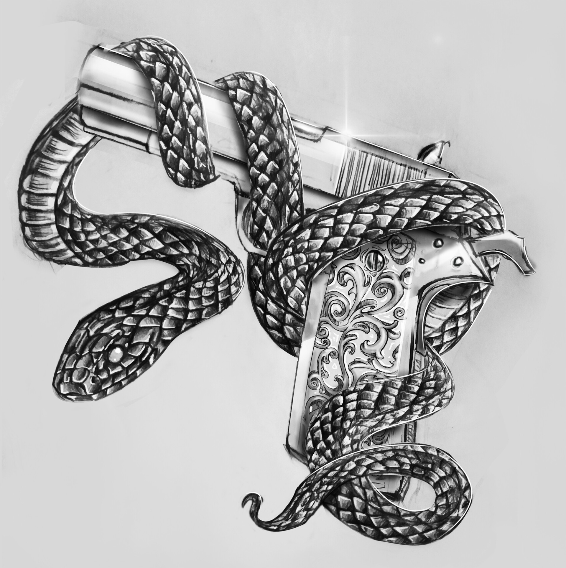 ArtStation Snake and gun design traditional drawing