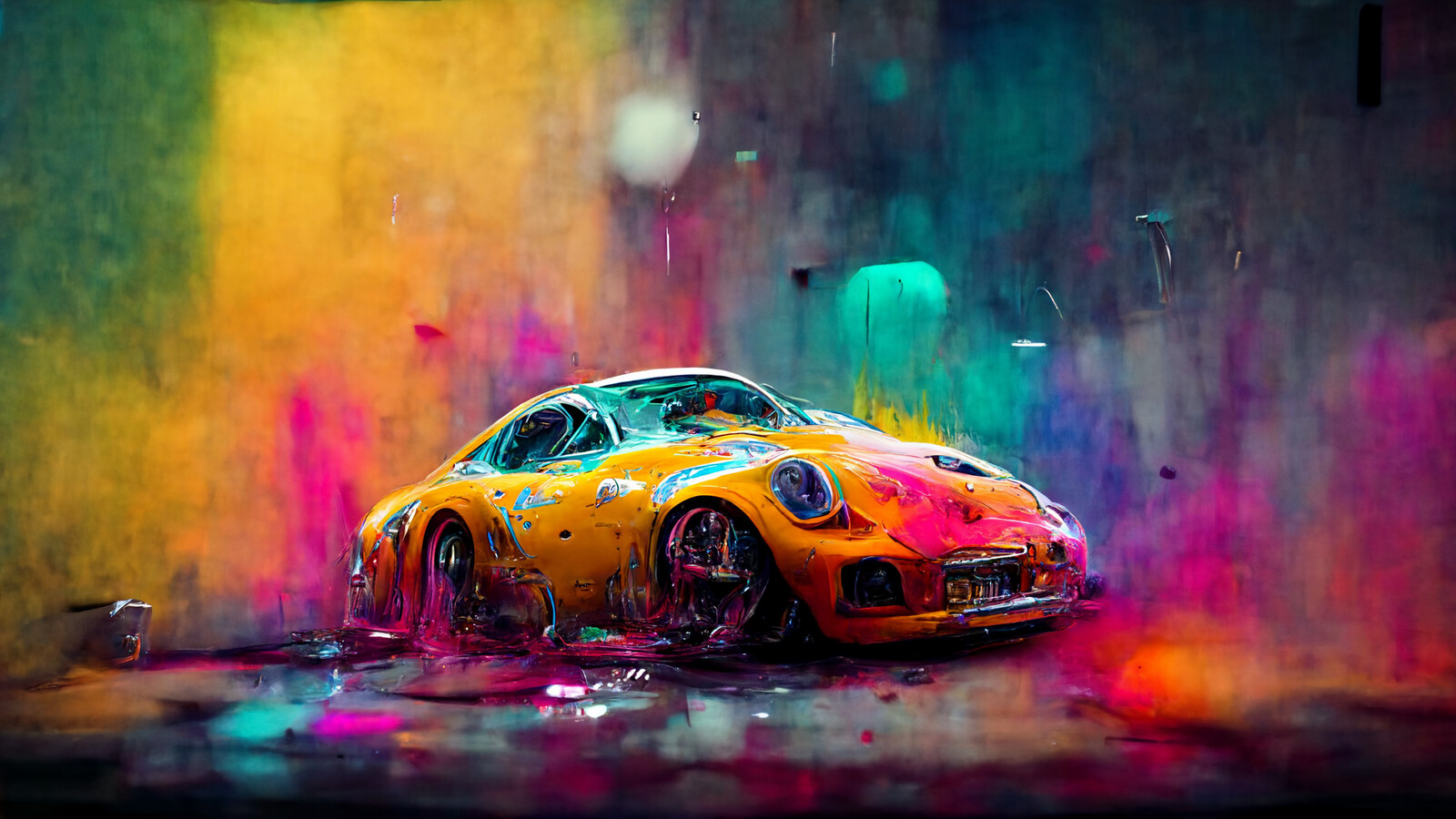 a porsche 911 dripping in paint and acid being bend.