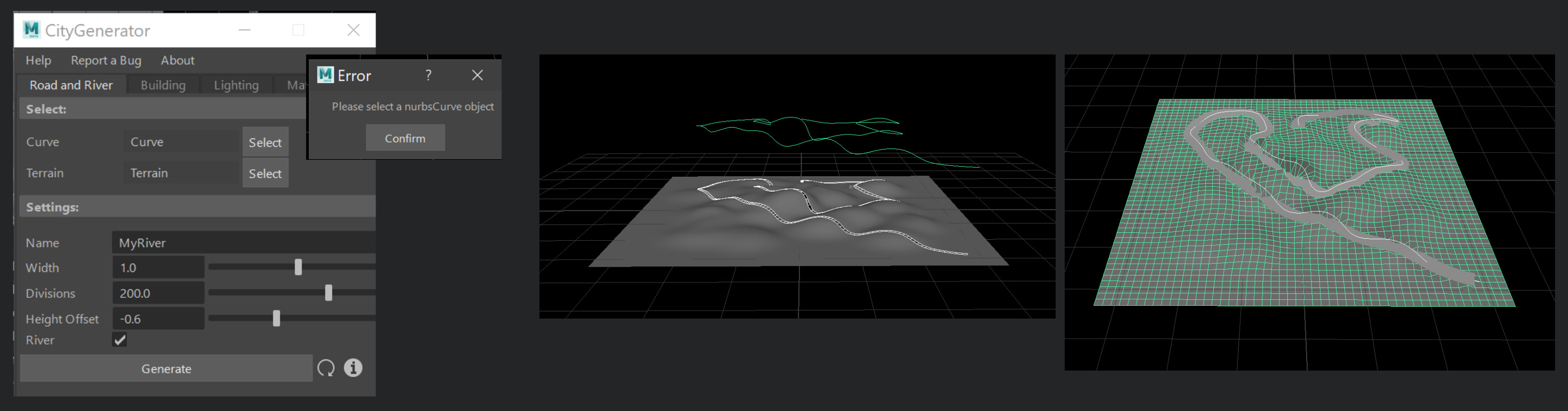 For the road generation, I have used curve projection and extruded an edge along the curve. 