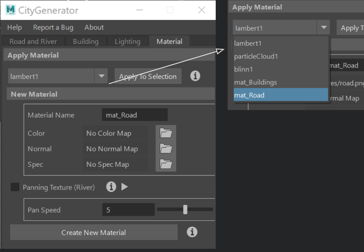 For material assignment, I wanted user to be able to create a new material and assign it right from the tool UI. 