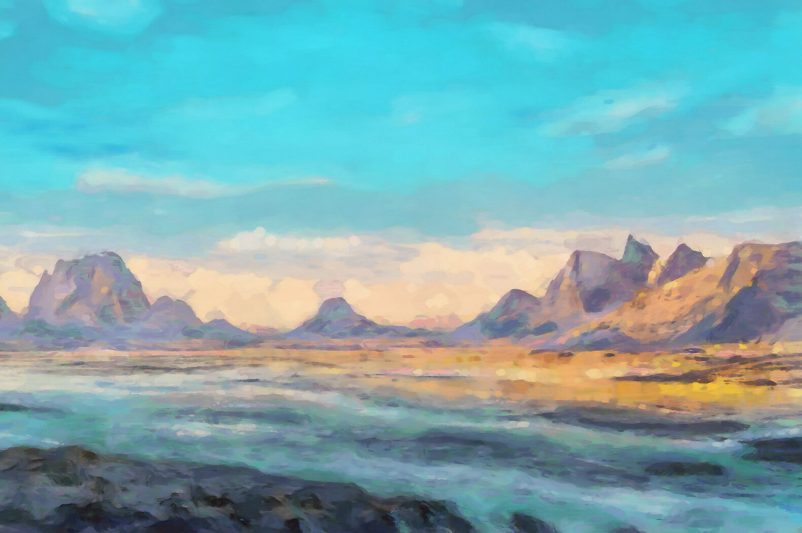 Digital painting of Baymouth Ridge in Pastel. Shoreline of rocks and the rising tides.