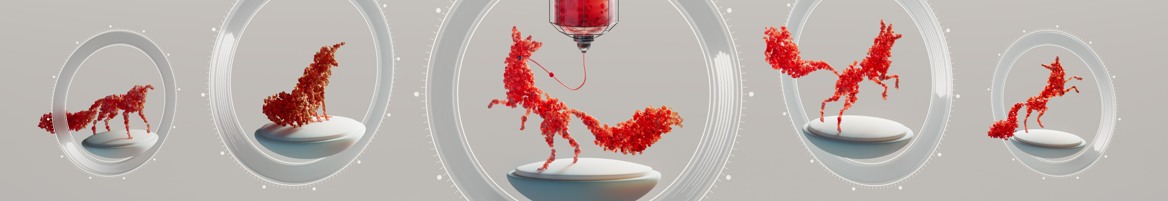 Sculpted &amp; posed foxes using ZBrush, then filled their silhouettes with blood cells with X Particles. Each fox’s clock indicates age.