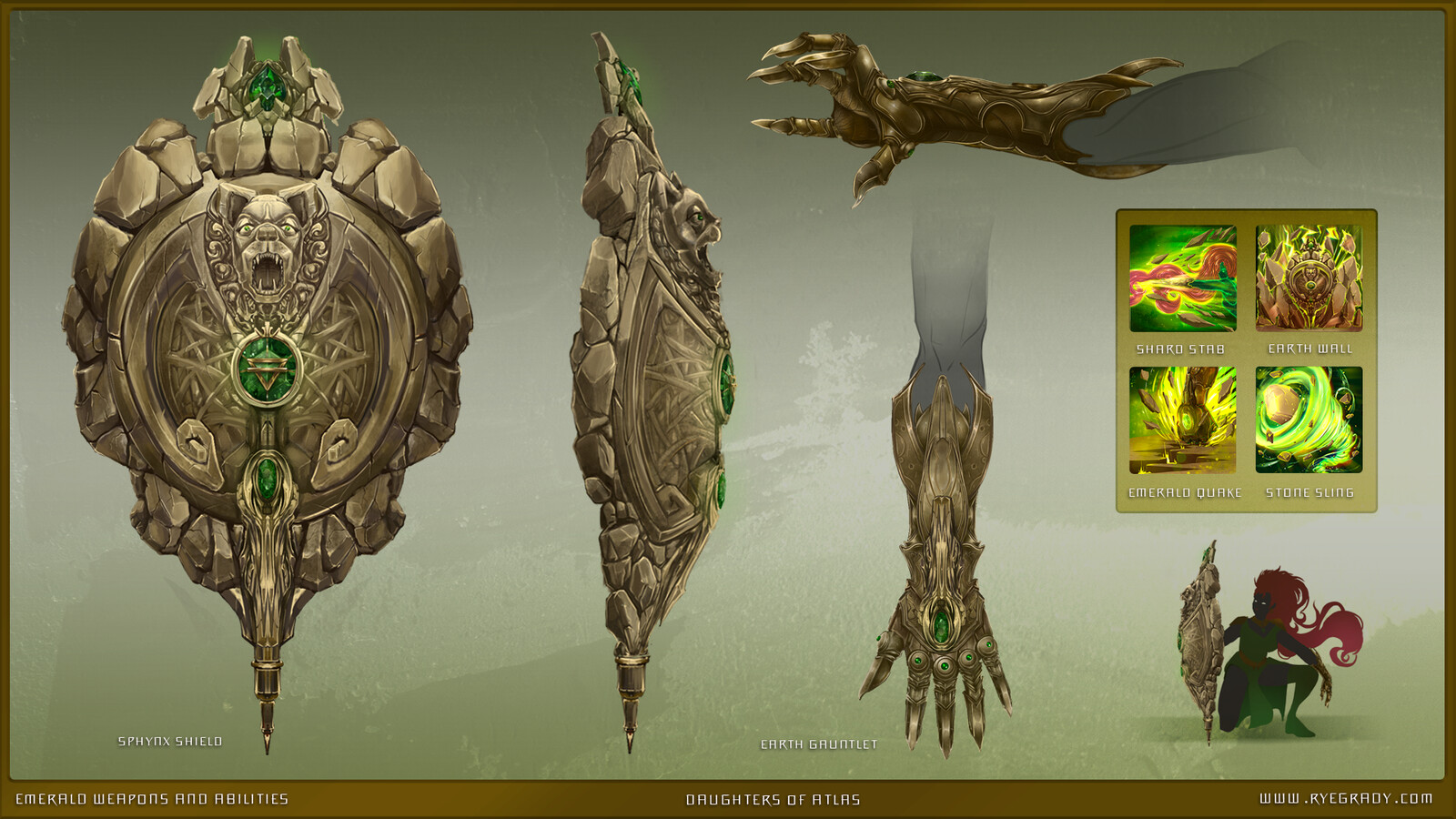 Full sheet of weapons, including the Sphynx Shield, Earth Gauntlet, and Abilities.