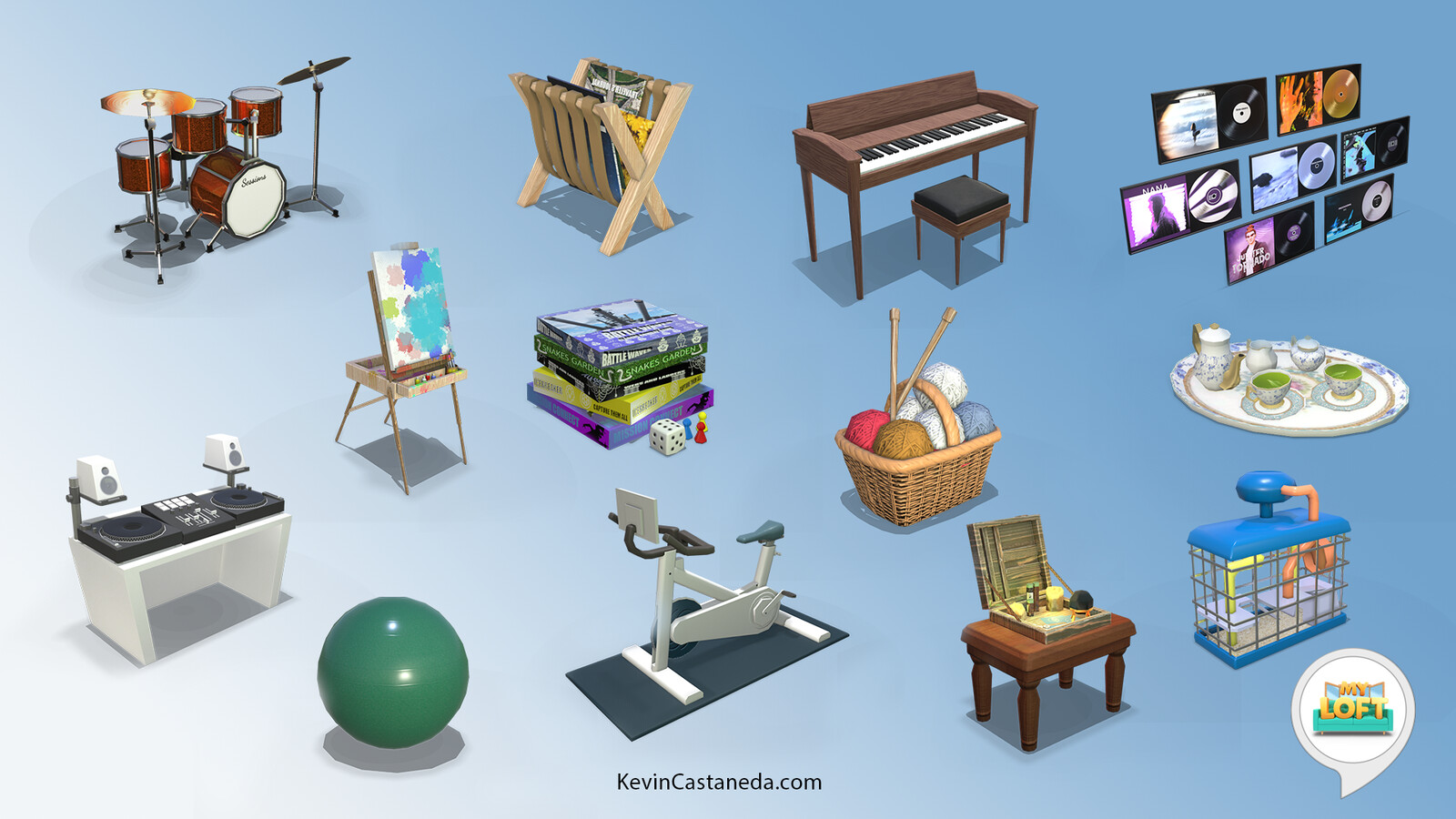 My artwork for My Loft's activities and hobbies DLC. All low poly and game ready for the Amazon Echo device.