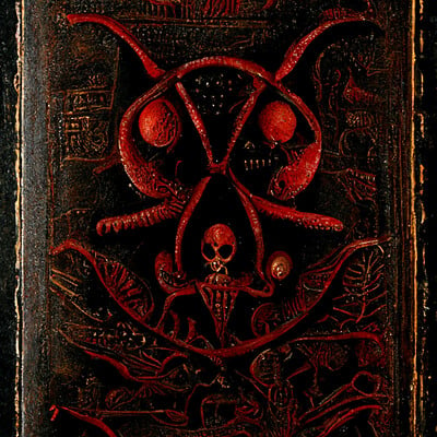 Chilton webb a1f08f11 8c4b 4944 82de 61a9f883f9c1 chilton an ancient evil leatherbound brown and red book with an alien mantis skull and crossbones print in b