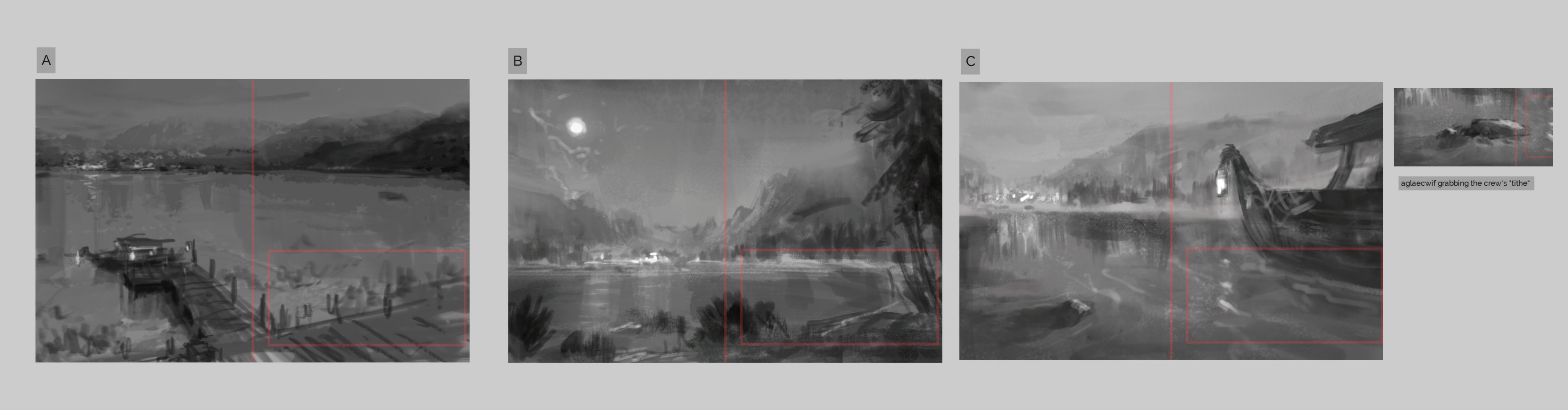 Thumbnails based on different scenarios navigating the lake the players can take.