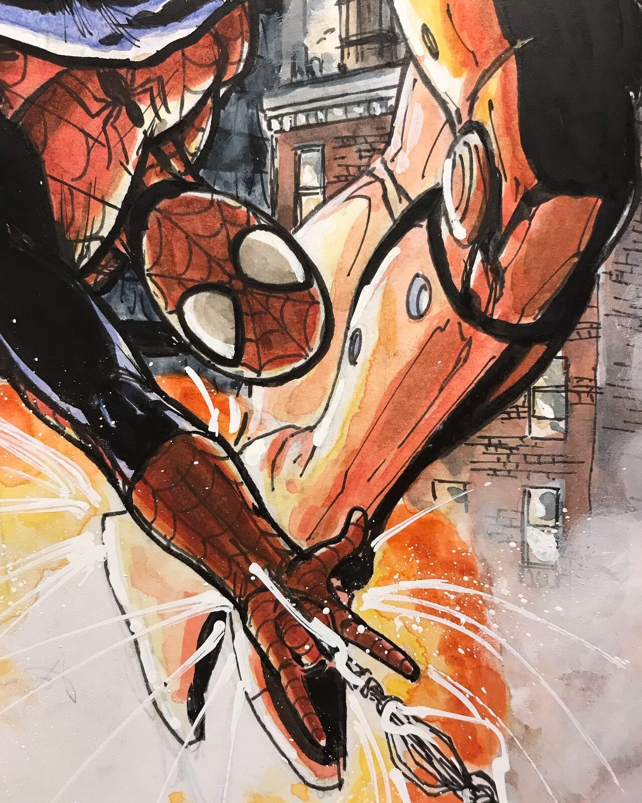 Detail of Iron Man and Spider-Man finished ink and watercolor commission.