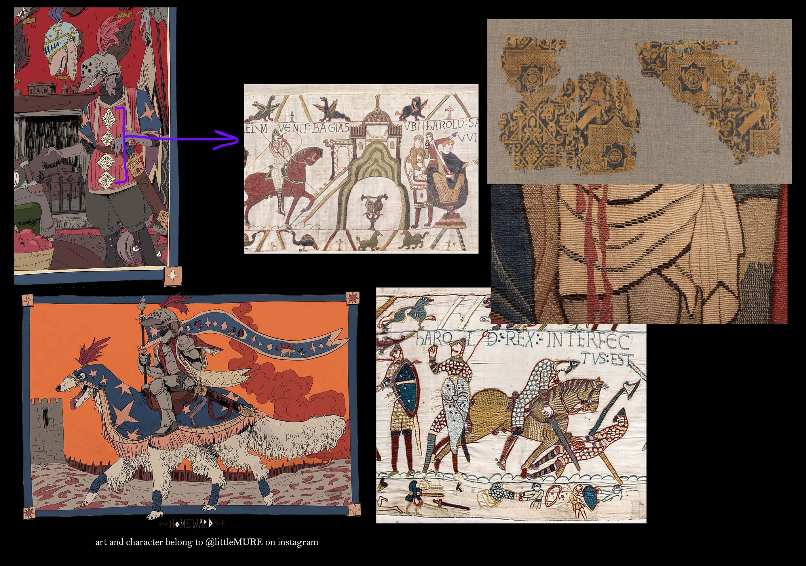 I started with some research into medieval textiles since they were such a big part of this project.  I was reminded of the Bayeaux Tapestry, which is where I drew inspiration for the patches on the front of the gambeson (quilted armor)