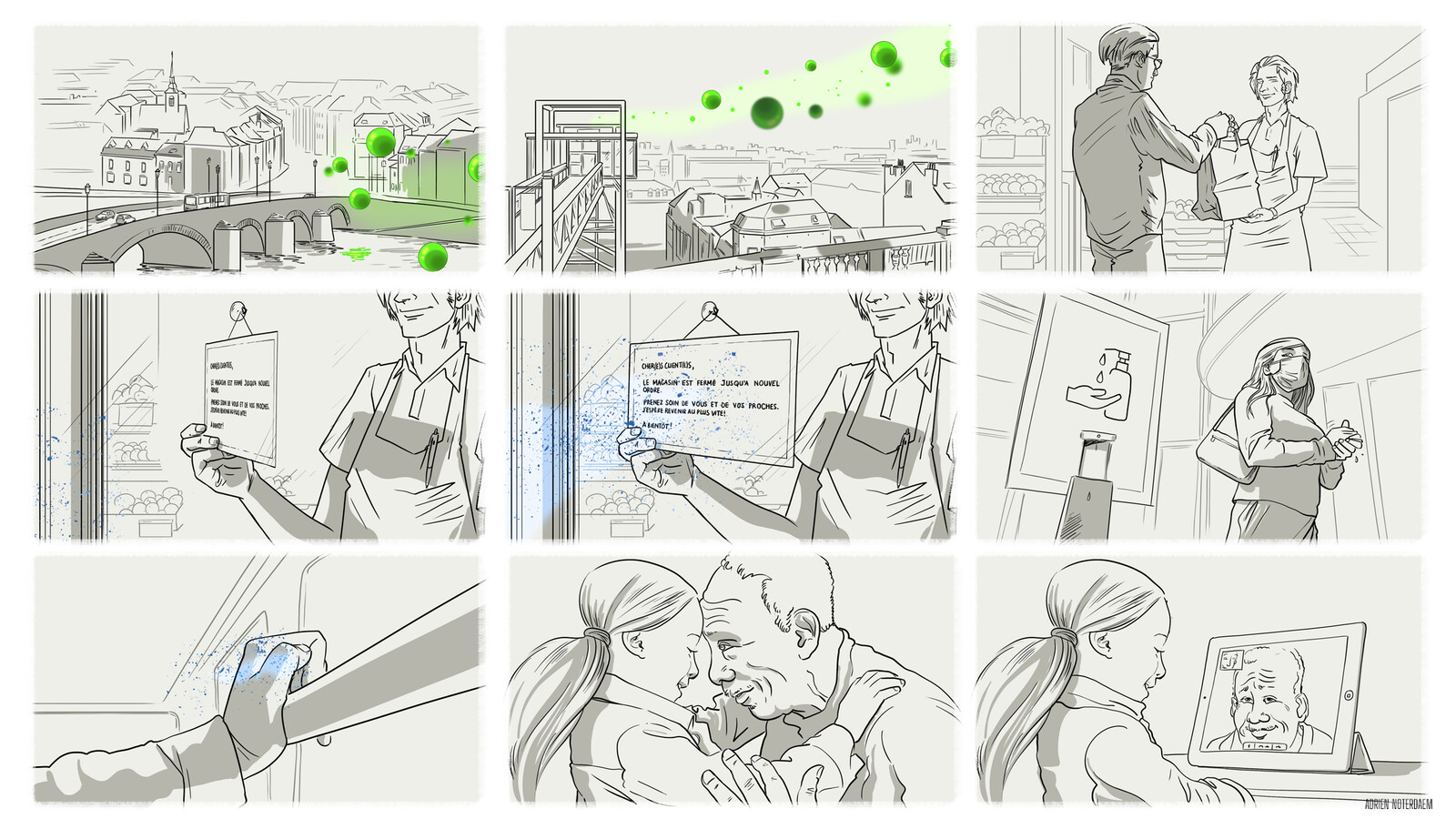 storyboard part 1. 
Still WIP, the visual style of the virus spreading was not fixed, we wanted something more symbolic and graphic, the client wanted something more realistic. 
