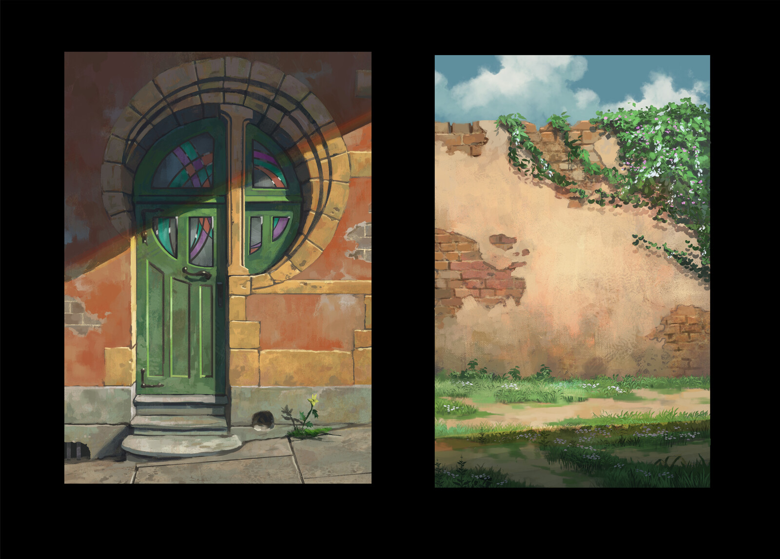 style reaserch, wall and vegetation textures,