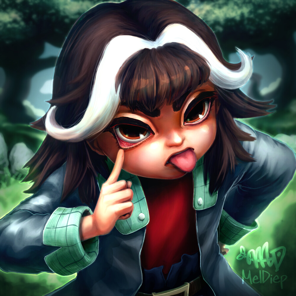 Chloe from NDS game Touch Detective. Her finger is pulling down the skin under her right eye and she's sticking her tongue out.