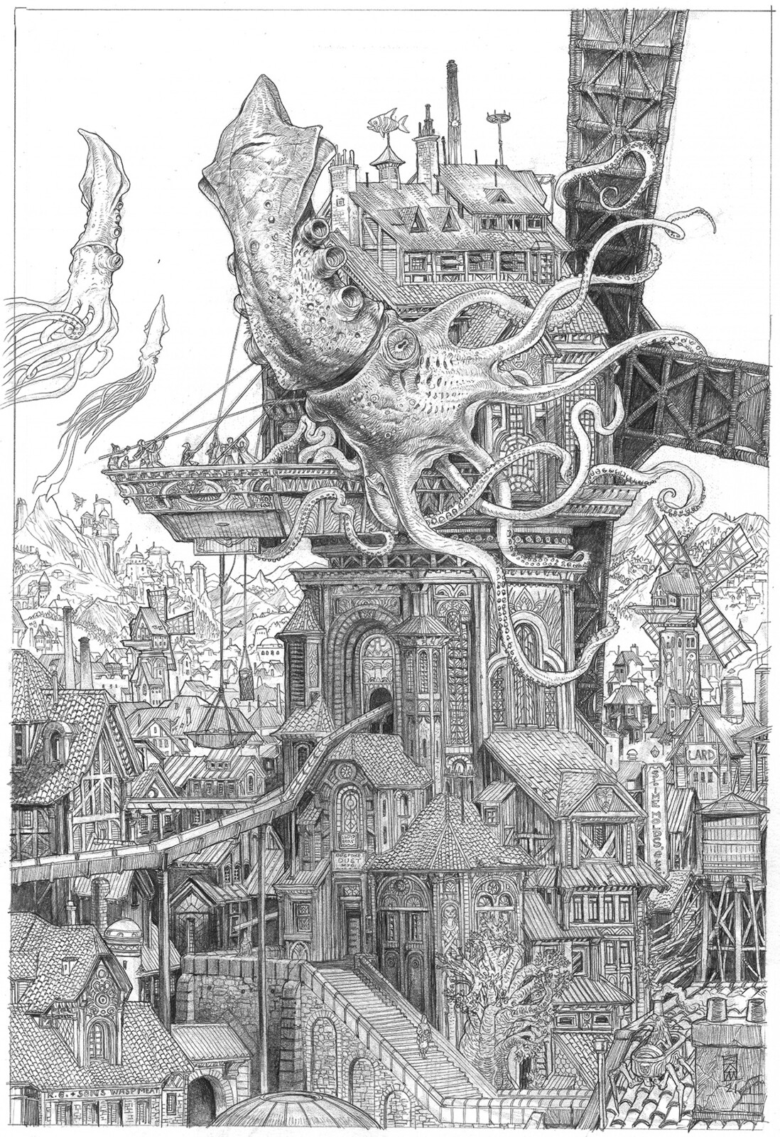 "The Trouble with Squid"  - original pencil drawing