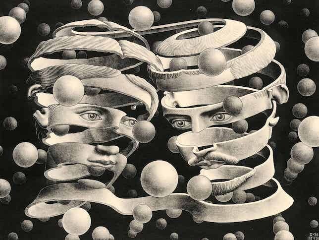 The inspiration of my artwork:
M.C. Escher's Bond of Union, make in 1956. Copyright M.C. Escher.