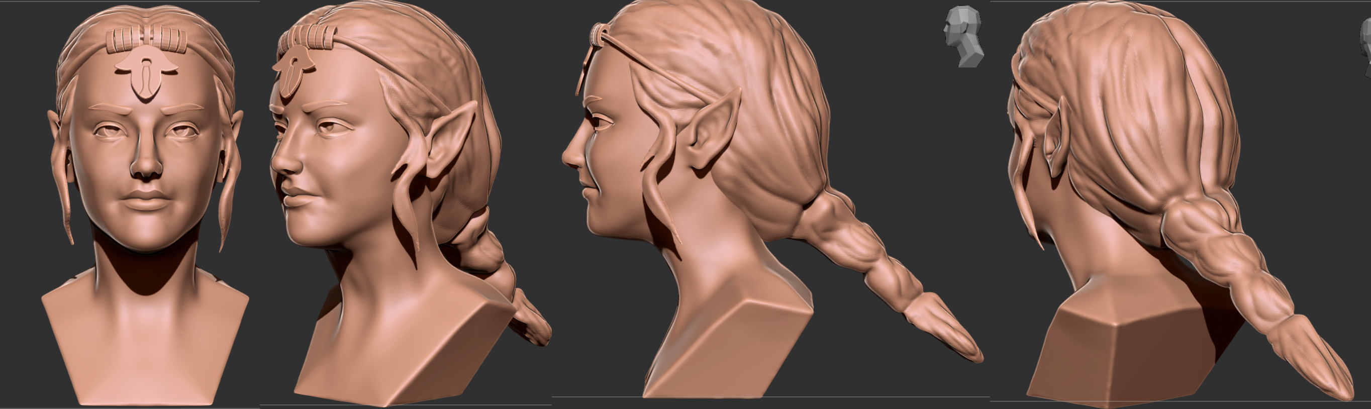 Clay renders from Zbrush with the face and initial hair blockout groom