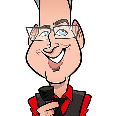 Steve rampton bruce caricature microphone