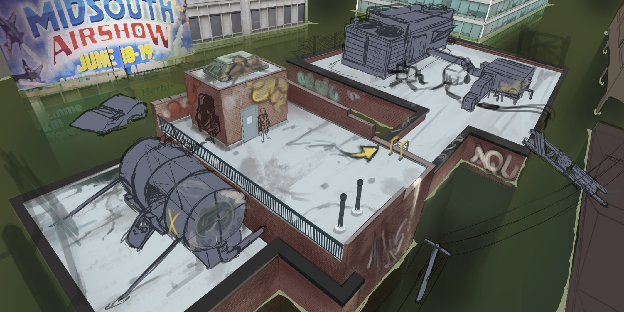 Sketching in some props to fit in on these rooftops to convey the scene and be environmental cover. 