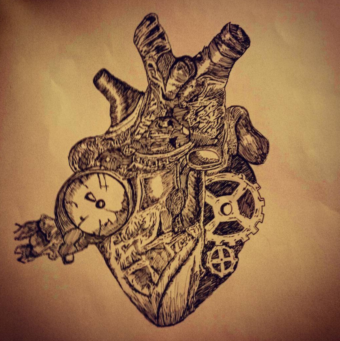steampunk anatomical heart tattoo