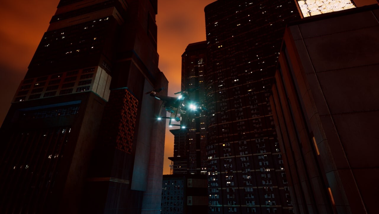 Modern city environment with drone