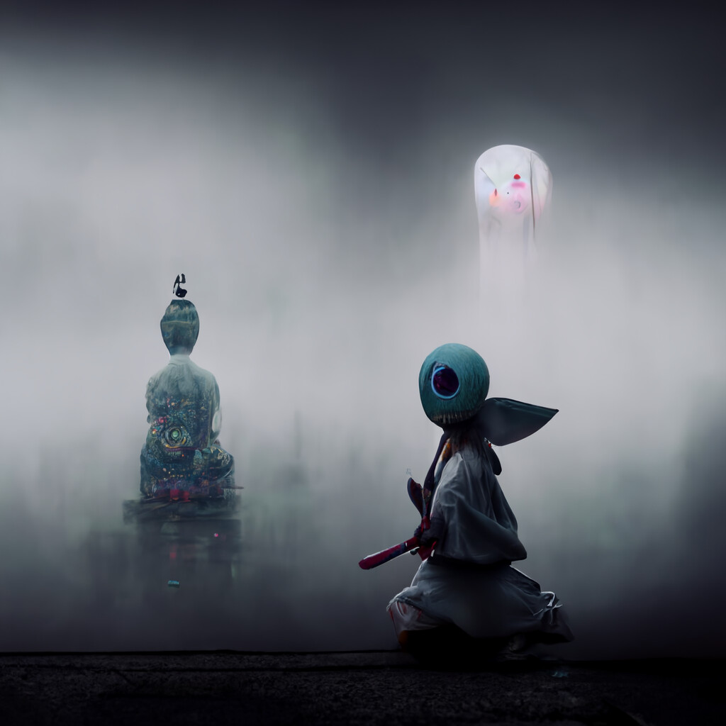 This puppet to me was made to hold the samurai sword. This Yokai spirit lives within the sword. A mix between a scarecrow and hand held puppets. 