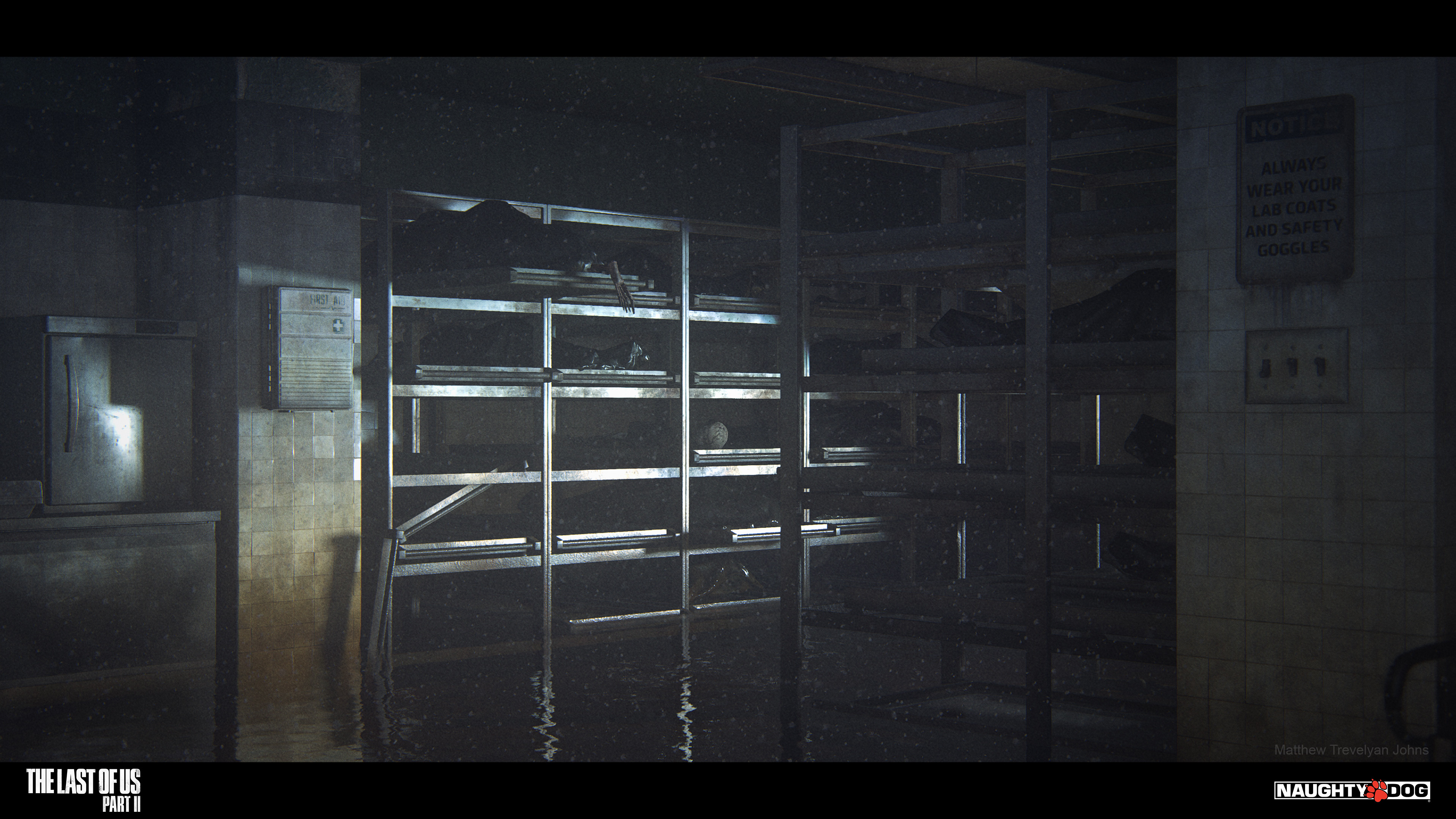 The metal racks laden with body bags was a particularly creepy detail here, not just because of the theme, but also because they cast interesting and broken shadows throughout the space when hit by the flashlight