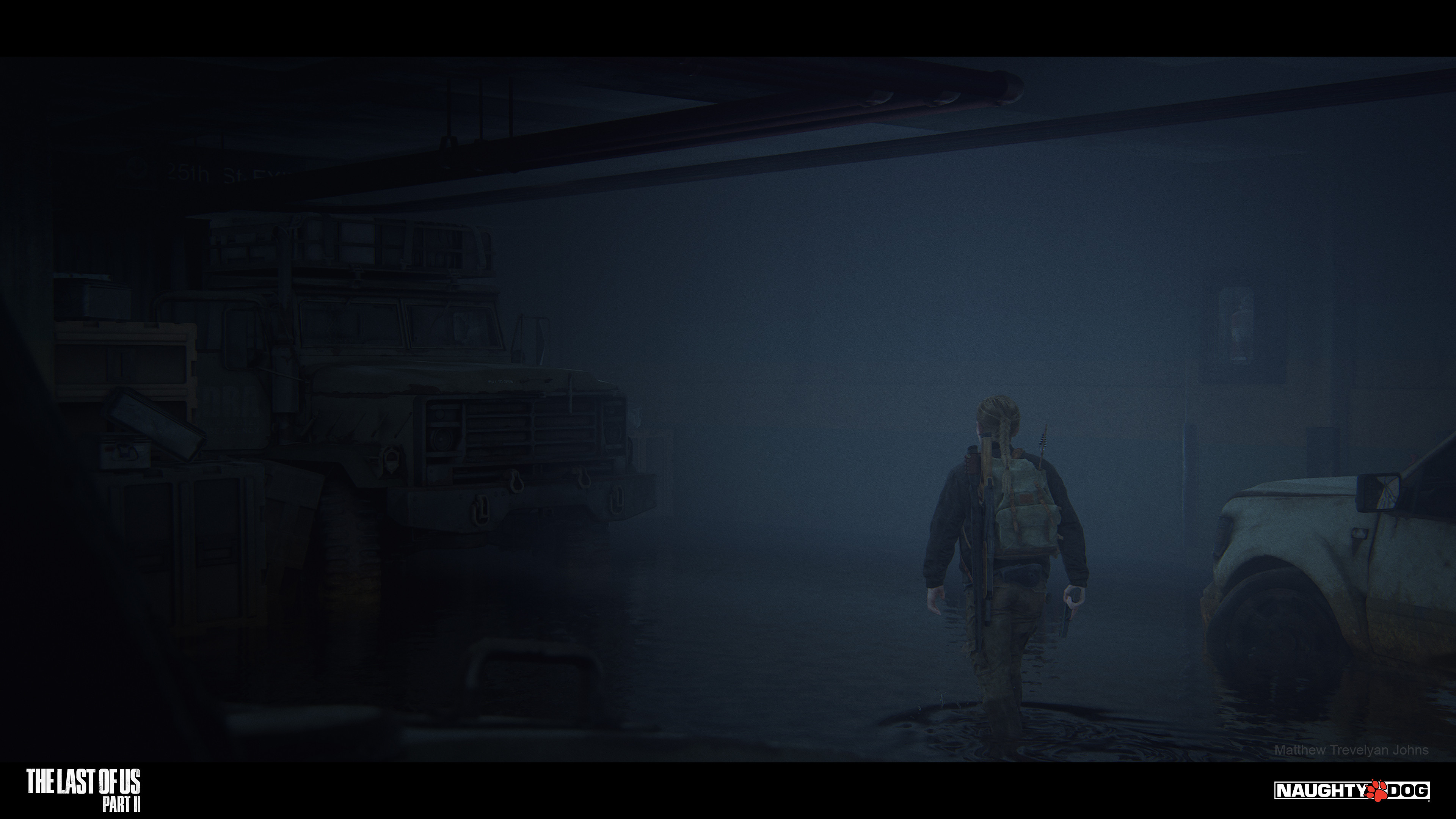 Exiting the Morgue Abby finds herself in a flooded parking garage, a final opportunity for me to make use of my library of submerged shader vehicles and wetness blends