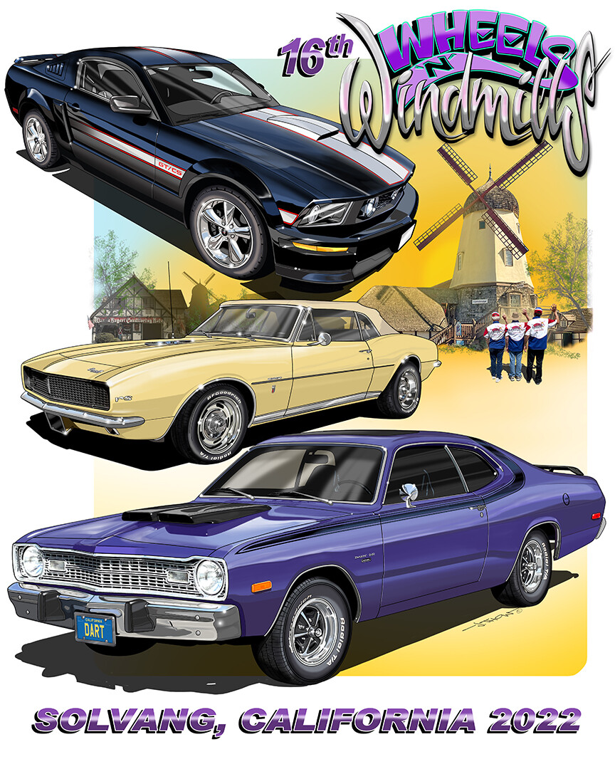 2022 Wheels N Windmills Car Show promotional art, complete poster and shirt art