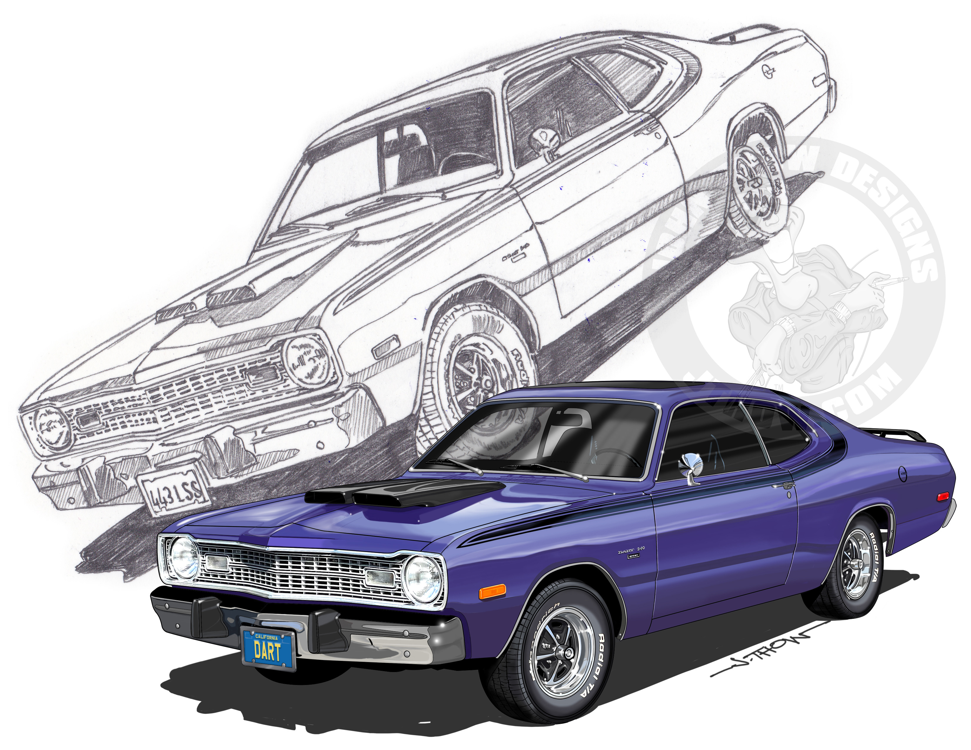 The original sketch and close up detail view of the Dodge Dart from the 2022 Wheels N Windmills Car Show Art.