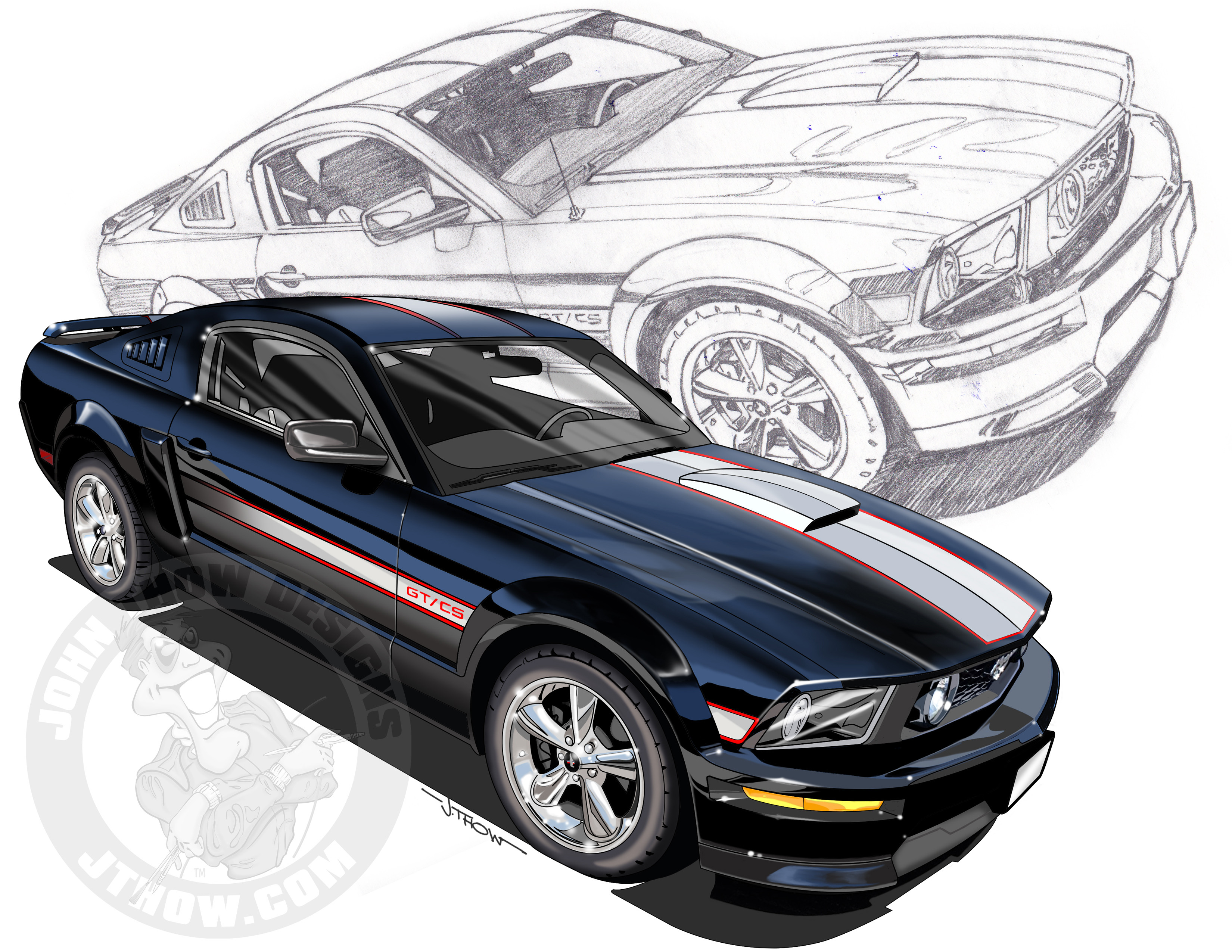 The original sketch and close up detail view of the Ford, Mustang GT from the 2022 Wheels N Windmills Car Show Art.