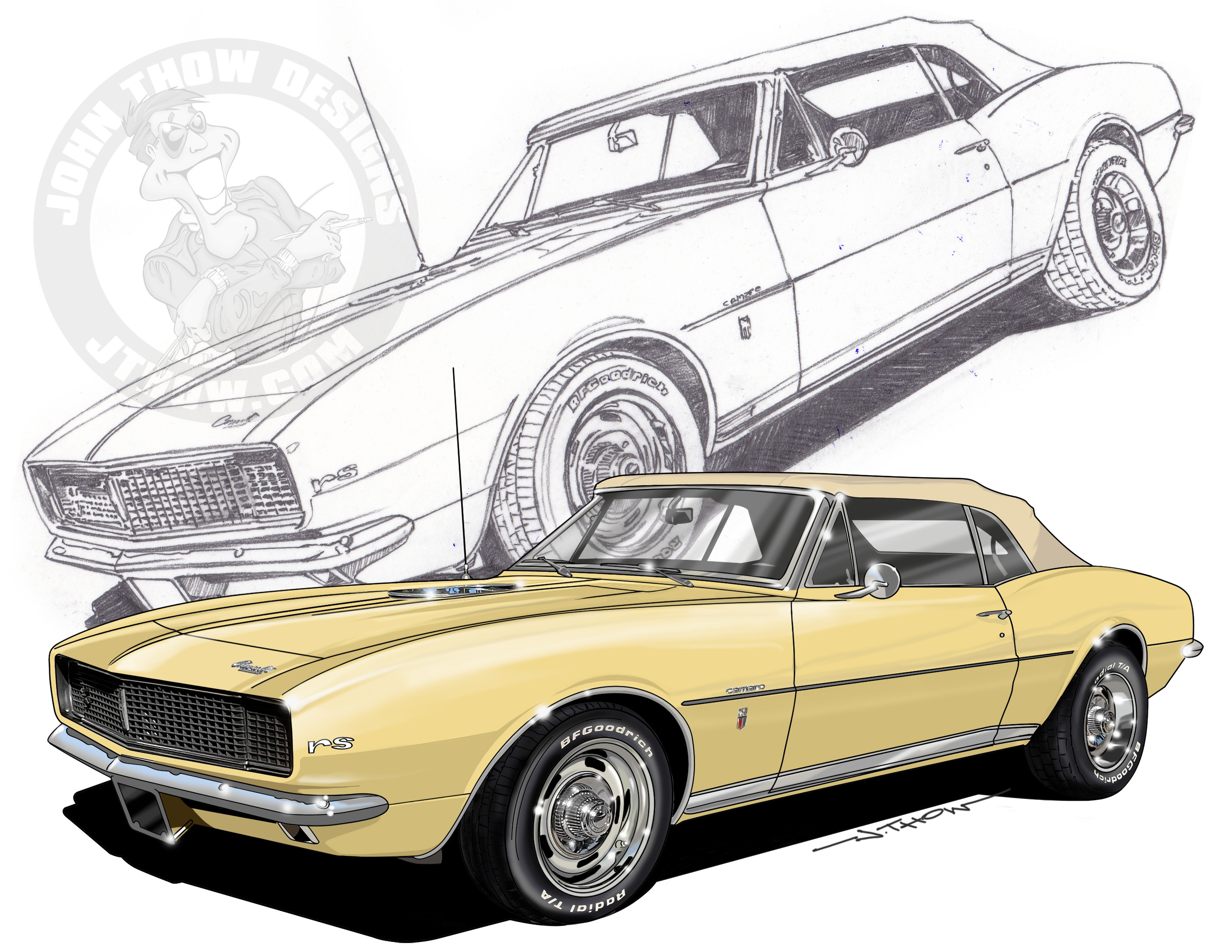 The original sketch and close up detail view of the 1968 Camaro from the 2022 Wheels N Windmills Car Show Art.