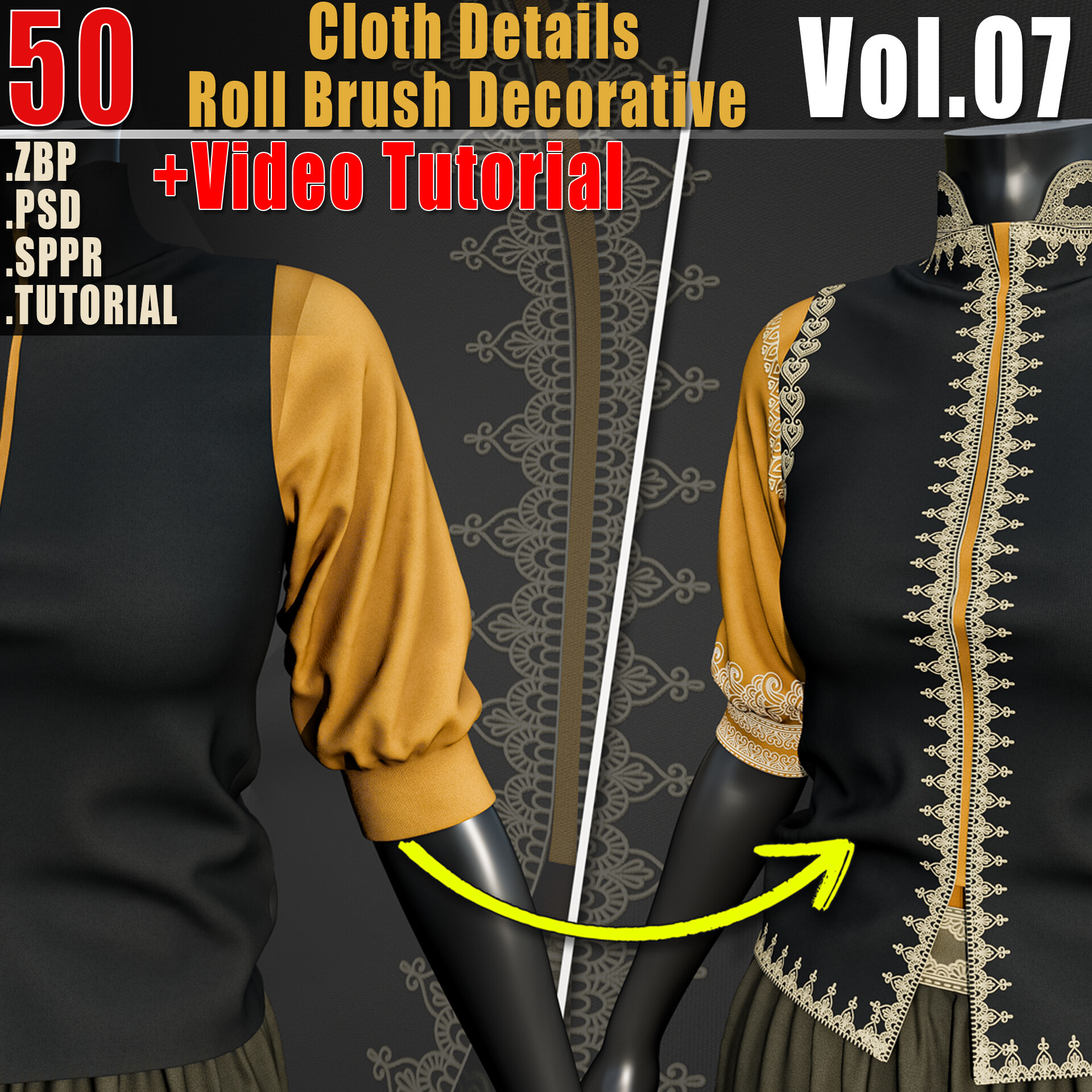 ArtStation 50 Cloth Details Roll Brush Decorative + Alpha PSD + ZBP