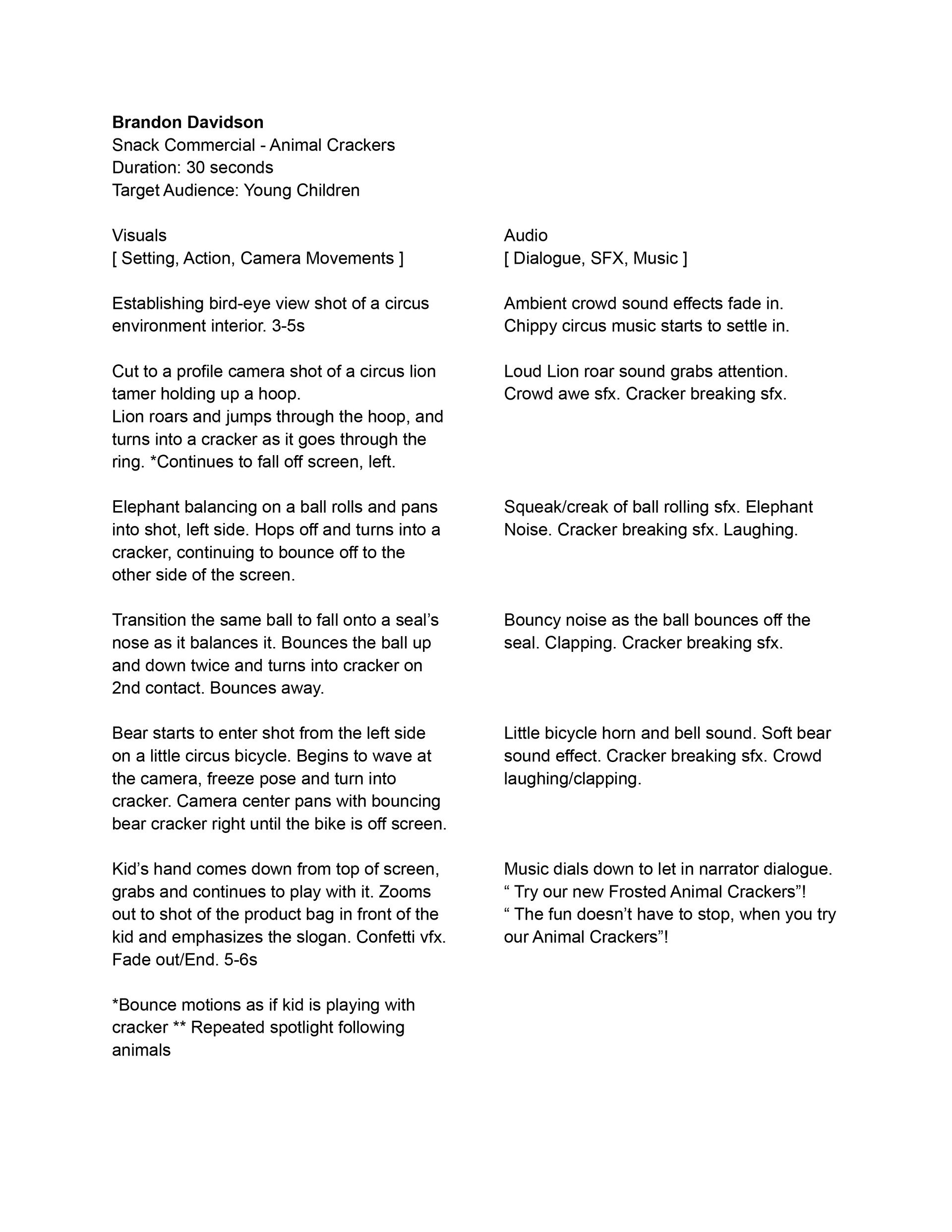 Brandon Davidson - Animal Cracker Commercial Storyboard