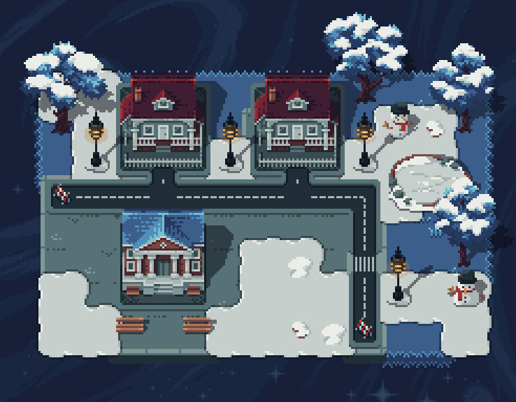 I created the snow and concrete tilesets as well as the snow decorations (snowman, frozen pond, street lanterns, snow trees).