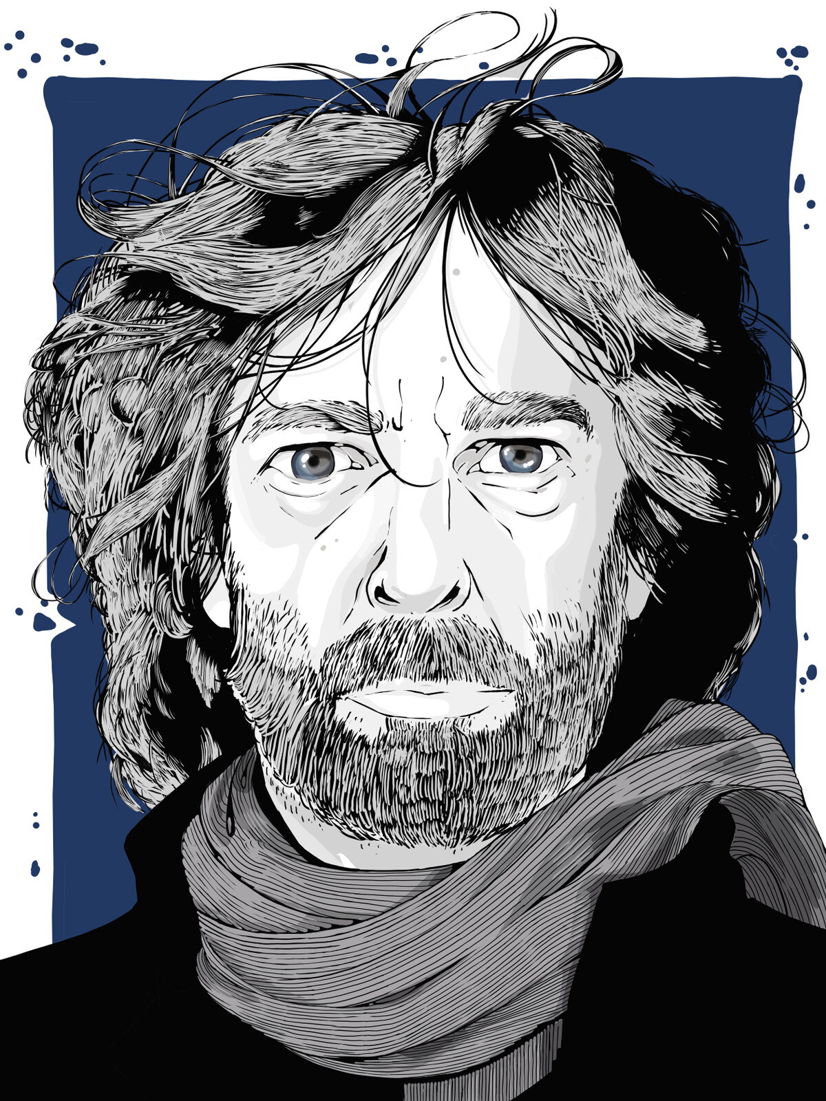 A greyscale illustration of Neil Gaiman with messy hair, scarf, and black overcoat. There is a blue block background    